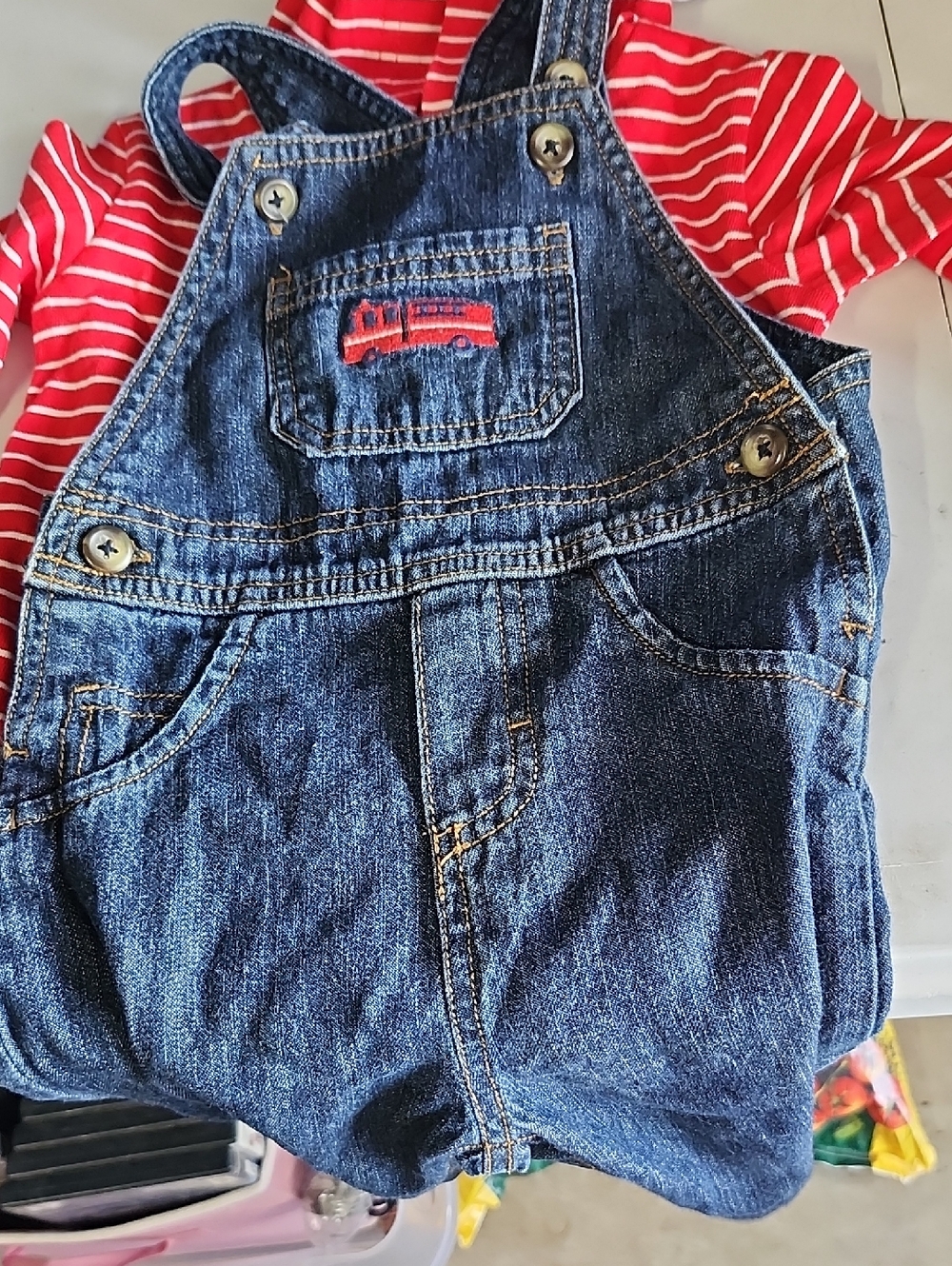 12 Mo Carter's Blue Denim Overalls with Red Fire Truck Patch